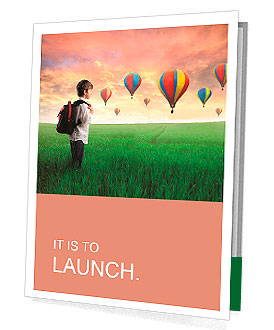 Child carrying a backpack standing on a green meadow with hot-air balloons in the background Presentation Folder