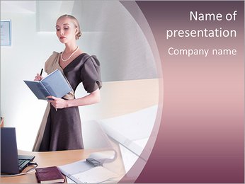 Business style - stylish lovely businesswoman reporting at working space. Series of photos PowerPoint Template
