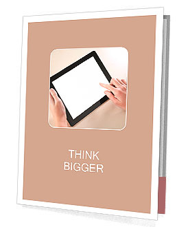 Woman hands holding and pointing on contemporary digital frame with blank screen. Presentation Folder