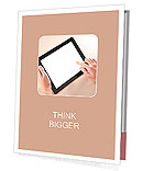 Woman hands holding and pointing on contemporary digital frame with blank screen. Presentation Folder