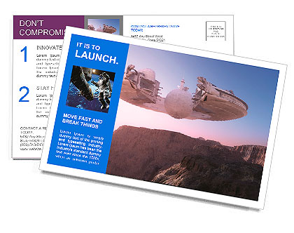 Spacecraft over the mountainous terrain of the planet. Postcard Template