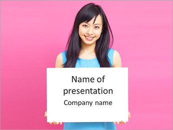 Smiling woman holding blank billboard. PowerPoint Template