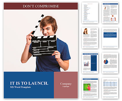 Casual young man holding a clapboard, over a gray background Word Template