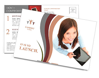 Tablet computer. Business woman using digital tablet computer PC happy isolated on white background. Postcard Template