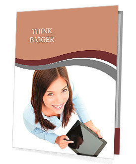 Tablet computer. Business woman using digital tablet computer PC happy isolated on white background. Presentation Folder