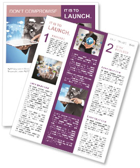 Suit-Wearing Businessman Holding A Tablet With Contact And World Map Display. Newsletter Template