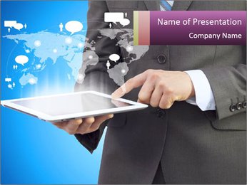 Businessman in a suit holding a tablet computer PowerPoint Template