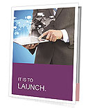 Suit-Wearing Businessman Holding A Tablet With Contact And World Map Display. Presentation Folder