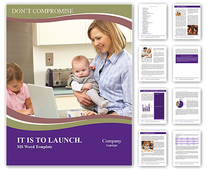 Kitchen Scene With Mother And Children Working On Laptop Word Template