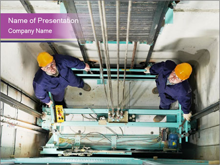 Machinist Technicians Adjusting Elevator Lift With Spanners In Hoist Way During Work (11 Words) Google Slides Theme