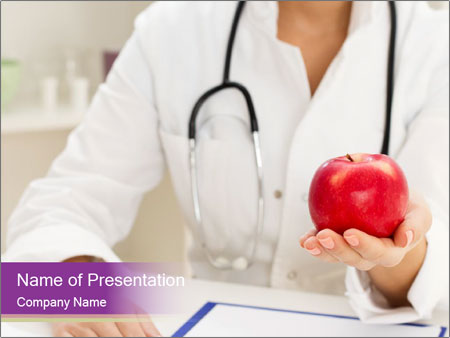 Hand Of Female Doctor Holding A Red Apple In Close-Up View. Google Slides Theme