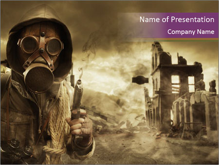 Gas Mask Wearing Post-Apocalyptic Survivor Standing In A Ruined Cityscape. Google Slides Theme