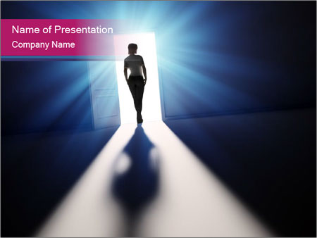 Symbolic Representation Of Woman Walking Into The Light Through An Open Door Google Slides Theme