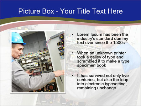 Inspecting High Voltage Power Electric Line Distribution Fuseboard: An Electrician Builder At Work Checking Wires With Drawings. Google Slides Theme - Slide 13