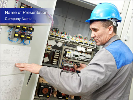 Inspecting High Voltage Power Electric Line Distribution Fuseboard: An Electrician Builder At Work Checking Wires With Drawings. Google Slides Theme