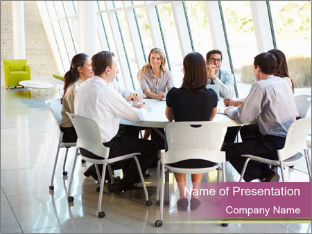 A group of people sitting around a table talking Google Slides Theme